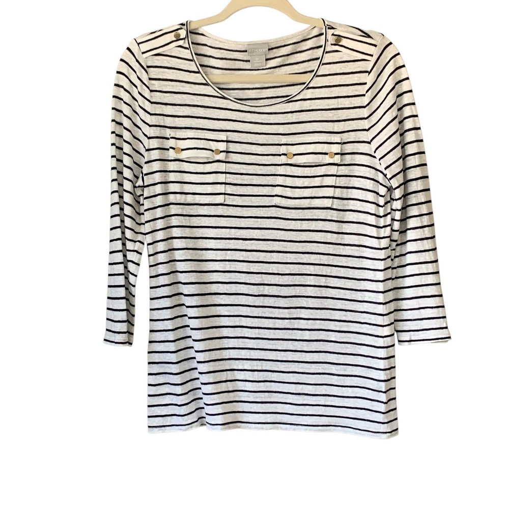 Chico's Striped Linen Top Gold Button Detail 3/4 Sleeve Tee Shirt Size 0 US‎ S
